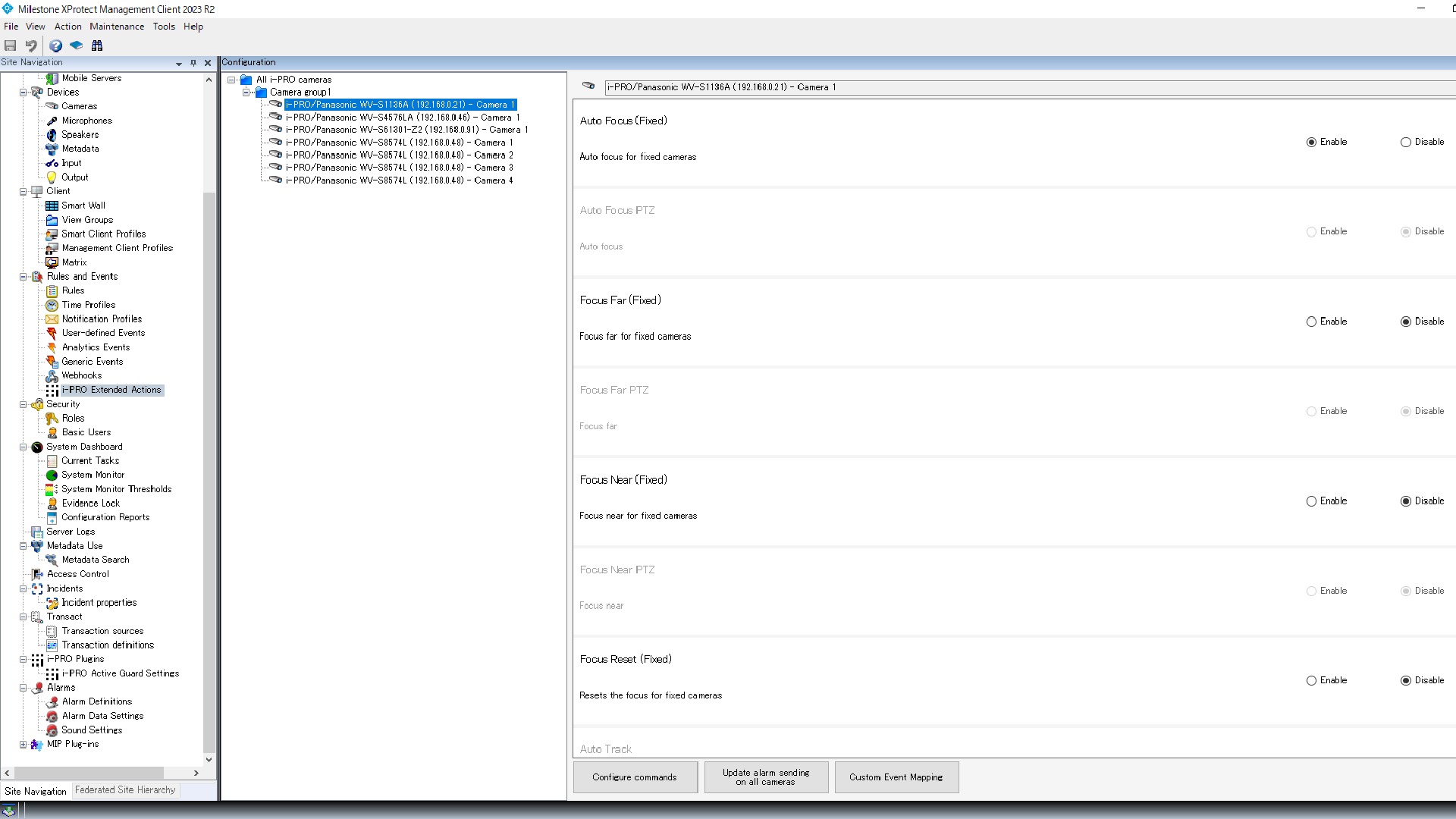 From the node i-PRO Extended Actions, user can enable or disable commands for each i-PRO camera.